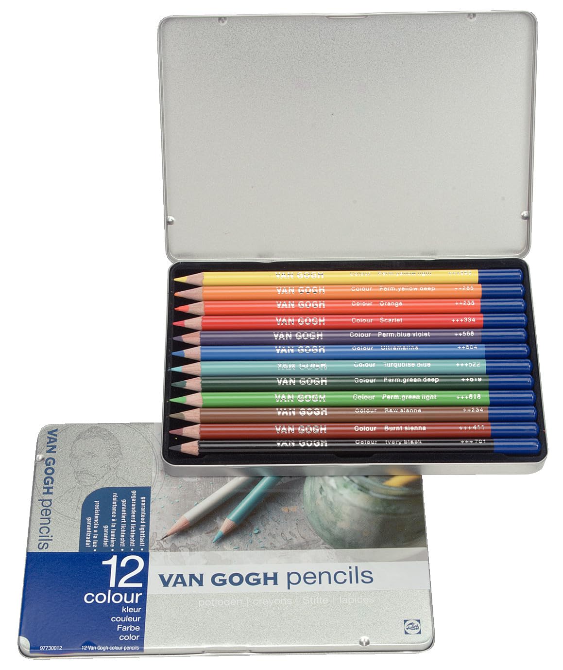 Van Gogh Pencils - Coloured Pencil Starter Set - 12 Vibrant Colours - Lightfast Pigments - Responsibly Forested Cedar Wood - Easy Sharpening - Intense Colour Laydown - Tin Box