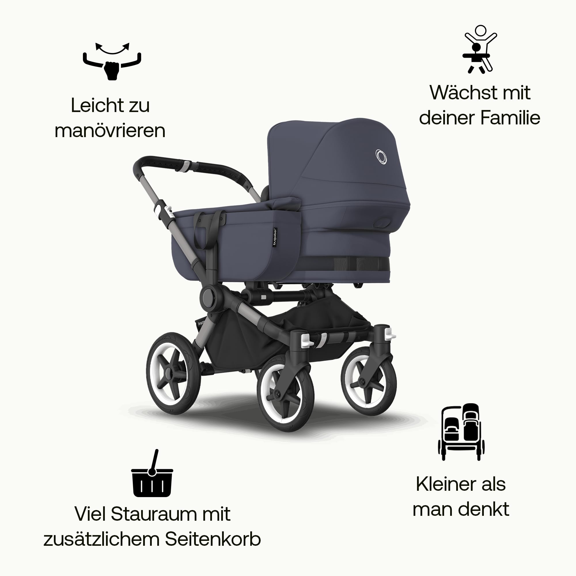 Bugaboo Donkey 5 Mono Kinderwagen, umbaubar zum Doppel- oder Zwillingskinderwagen, Graphit/Stormy Blue