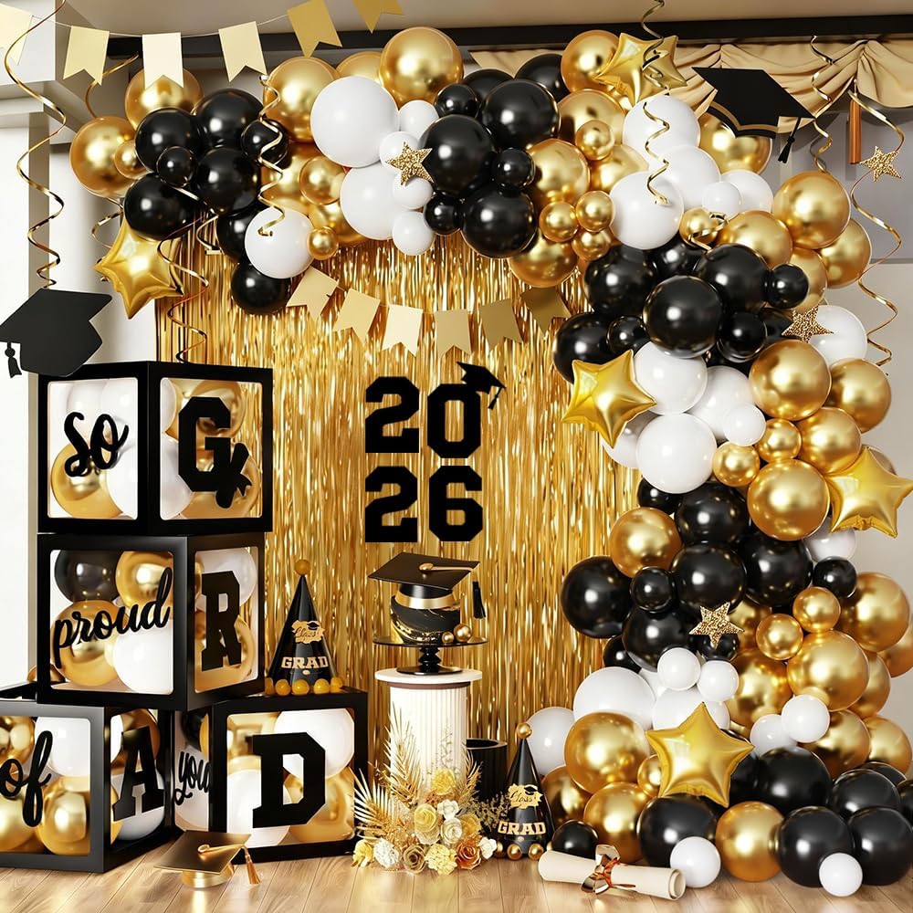 Red Graduation Party Decorations - Set of 4 Balloons Boxes with Red Black Gold Balloon Arch Kit and Fringe Curtains, So Proud of You 2026 Congrats Grad for High School & College Celebrations
