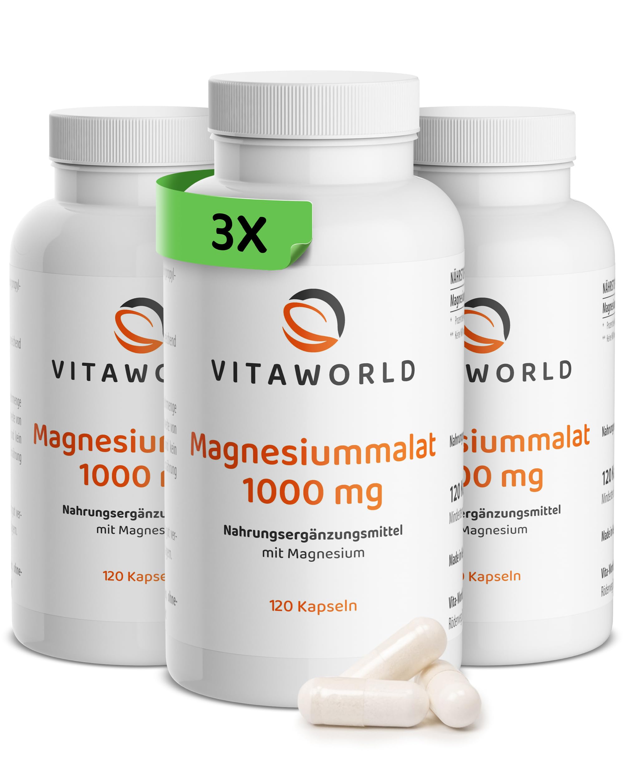 3x vitaworld Magnesium Malat Kapseln hochdosiert 1000mg, 3 Dosen | 360 vegane Kapseln, Hohe Bioverfügbarkeit, Ohne Zusätze und Gentechnik, Laktose- und glutenfrei