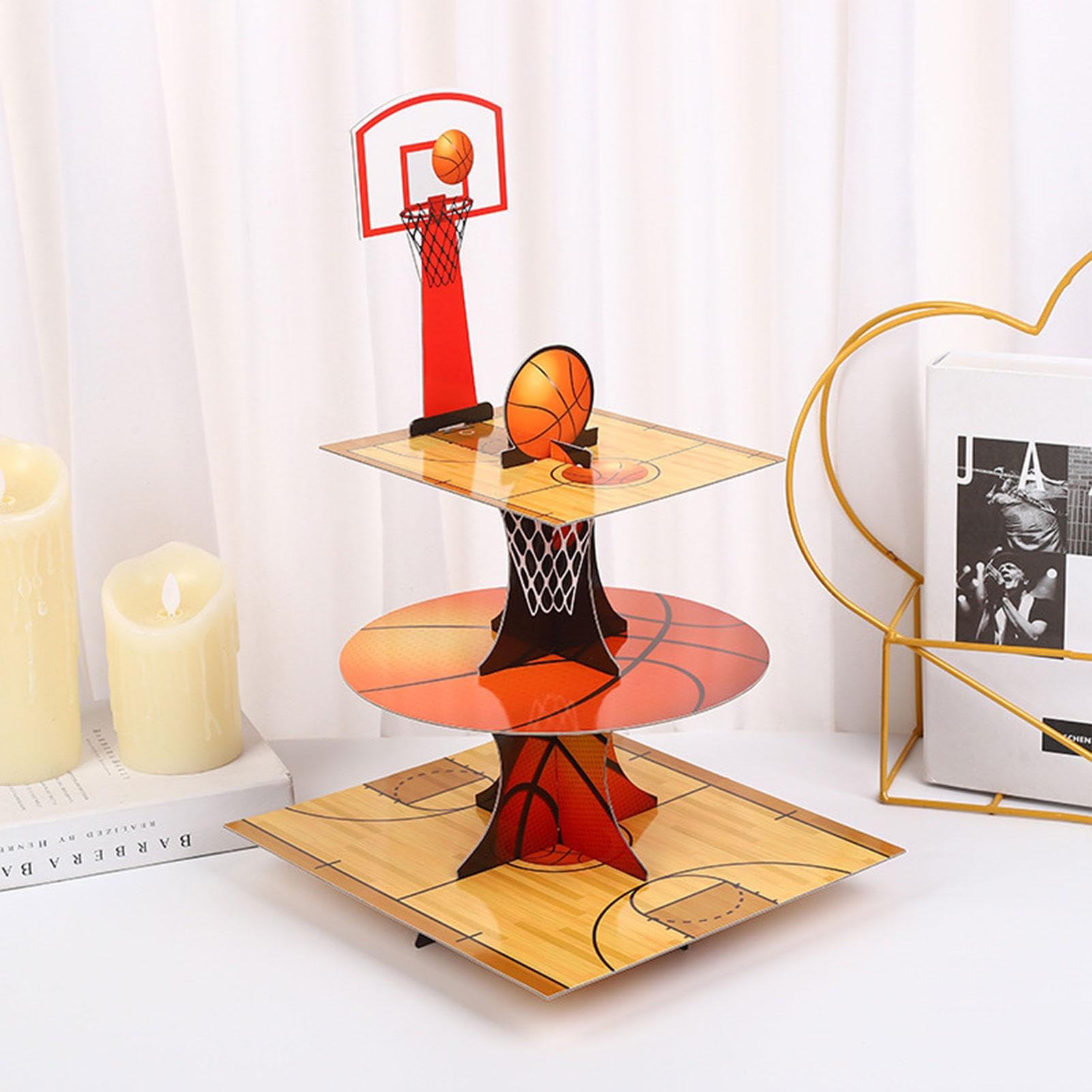 Alzata per cupcake a 3 livelli, a tema pallacanestro, espositore per dessert e dessert, antiscivolo, decorazione a tema basket per bambini