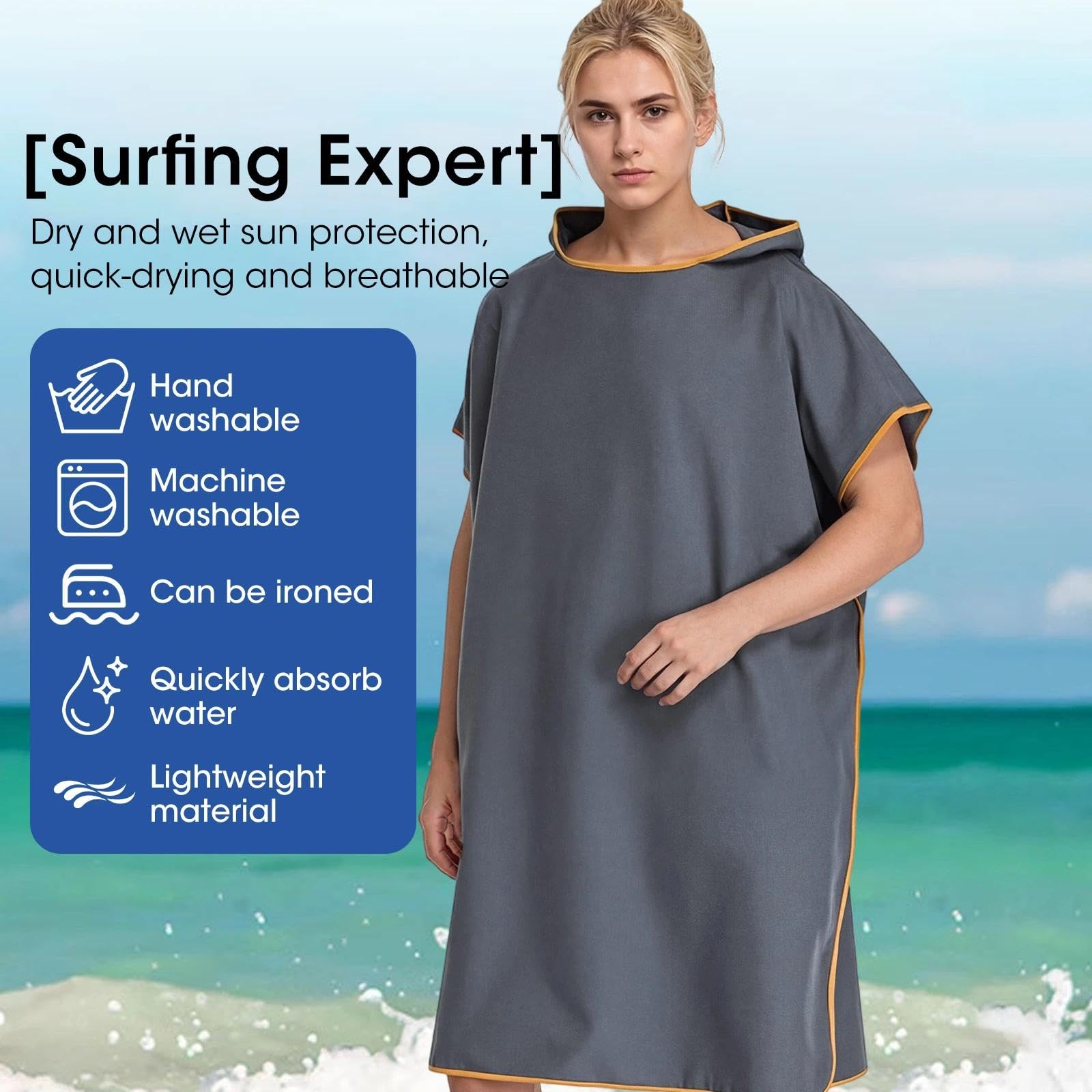Poncho Surf 110x90 cm Poncho de Toalla con Capucha Microfibra Secado Rapido Ponchos de Ducha Adultos Unisex para Playa Natacion y Deportes Acuaticos (Marine Blau)