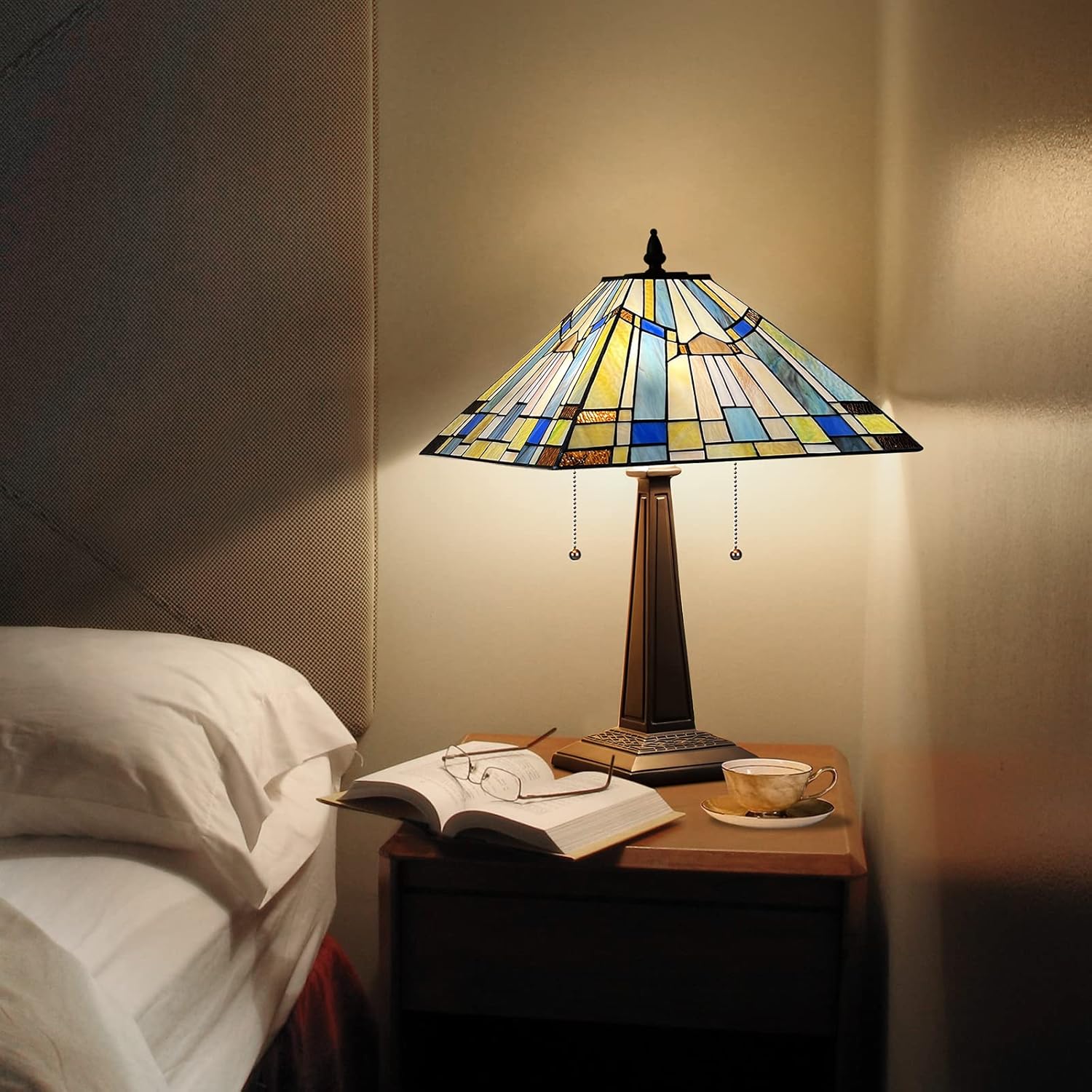 Capulina Tiffany Lamp Stained Glass Table Lamp Bedside Reading Lamp 2-Light 16 Inches Wide Rustic Mission Amber Green Blue Tiffany Style Desk Lamp for Bedrooms Living Room Home Office