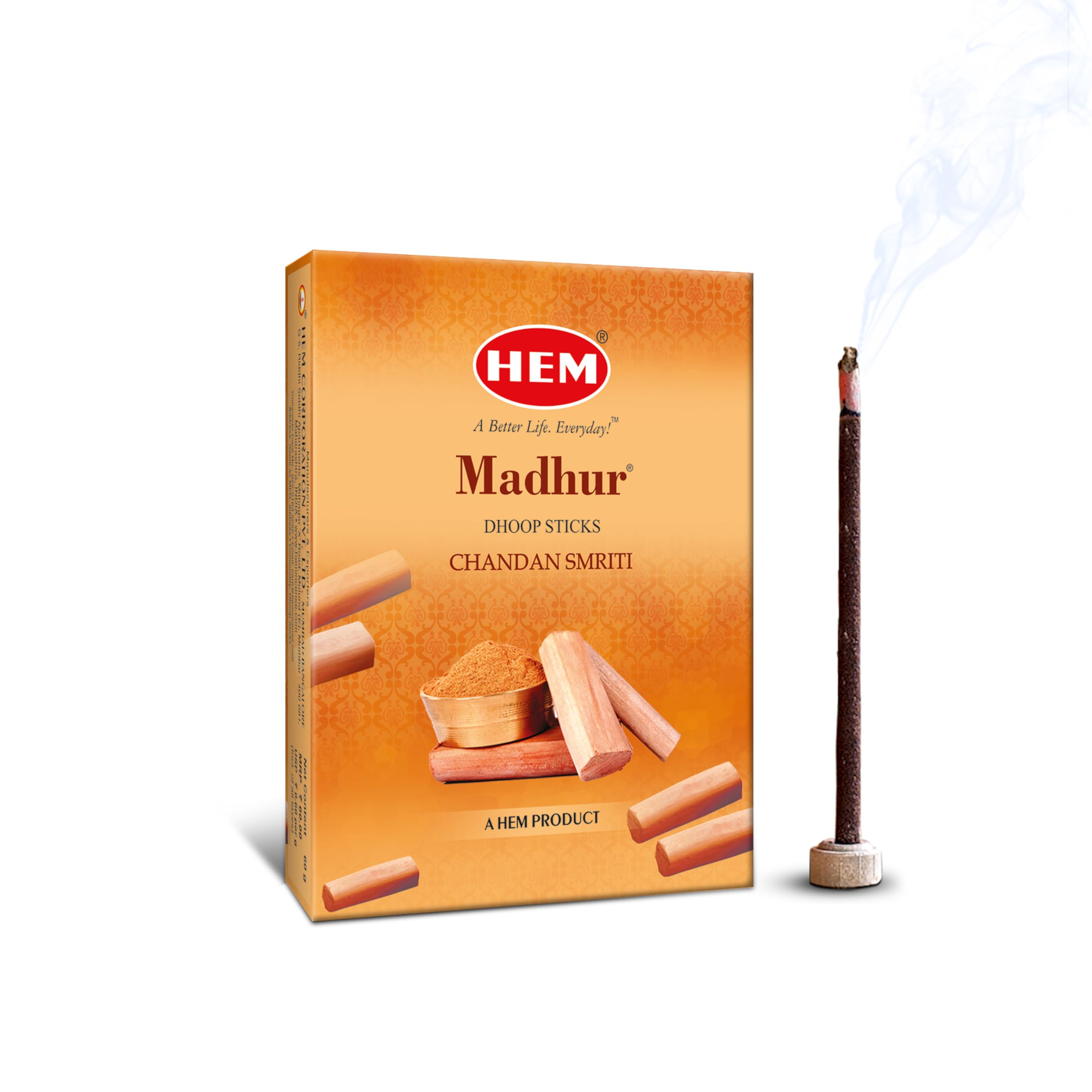 HEM Madhur Chandan Smriti Dhoop Sticks | Bambooless & Charcoal-Free | Rich Sandalwood Fragrance for Meditation, Puja & Sacred Rituals | Handcrafted Aroma | Approx. 20 Sticks | 60g | Burns 35-40 Min*