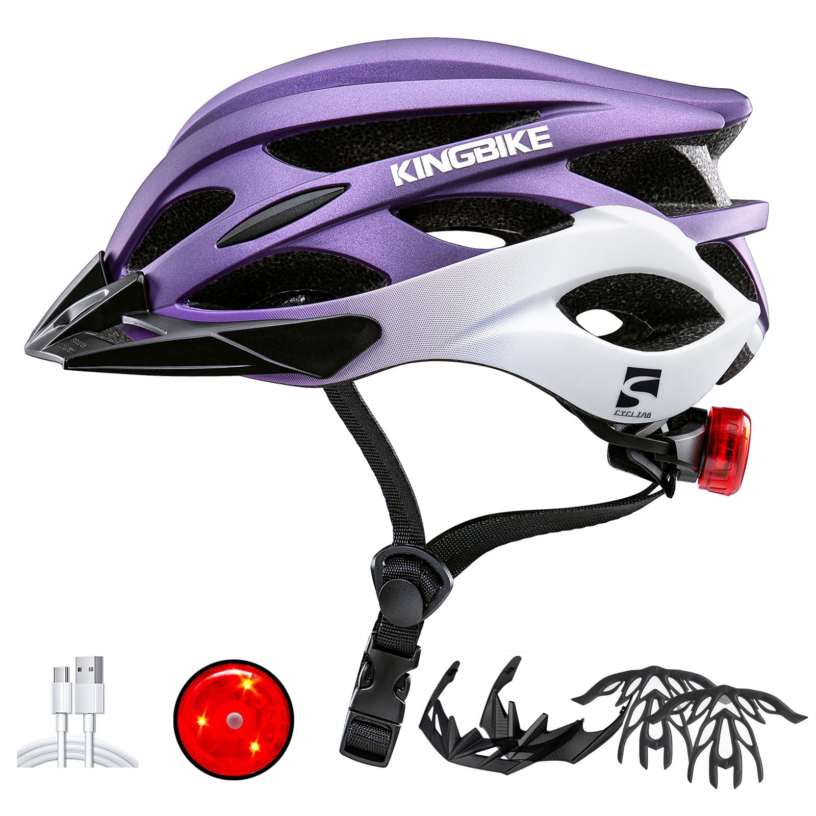 KINGBIKE Bike Helmet for Adult Men Women Youth Road Commute Mountain Cycling Helmets with USB Rechargeable Tail Light Replaceable Inner Pads and Visors Lightweight (Purple White, M/L(54-58CM))