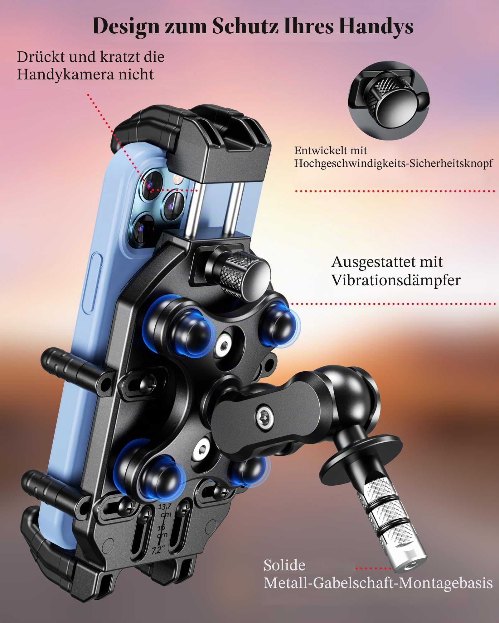 BRCOVAN Motorrad Gabelvorbau Handyhalterung mit Vibrationsdämpfer und Hochgeschwindigkeits-Sicherheitsschloss, Diebstahlsichere Motorrad Handyhalter Verstellbar für 5,4-7,2 Zoll Smartphones