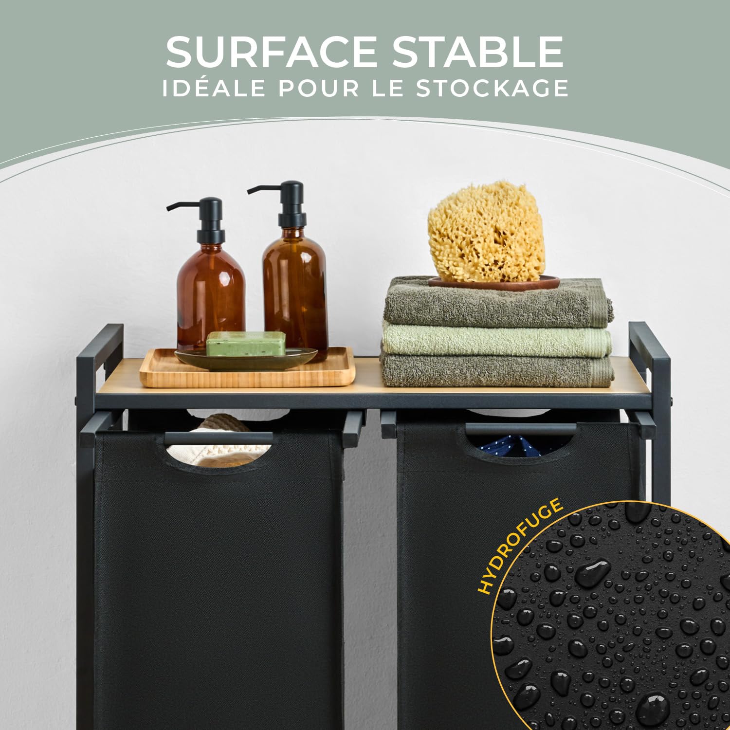 Blumtal panier a linge 2 compartiment - paniere a linge sale 2 compartiments - meuble de salle de bain avec effet bambou - étagère en métal - bac deux sections avec cadre métallique sur pieds - noir