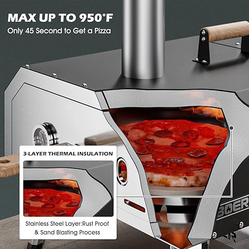 Miniatura 5 de ABORON Horno de pizza multicombustible de 16 pulgadas, portátil de madera y gas con piedra giratoria, acero inoxidable con cortador de termómetro y