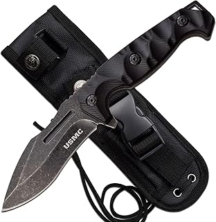USMC - Fixed Blade Knife - Stonewashed Finish Stainless Steel Blade - Nylon Fiber Handle, Full Tang, Includes MOLLE Compatible Sheath - M-FIX001SW - US Marine, Tactical, Special Ops