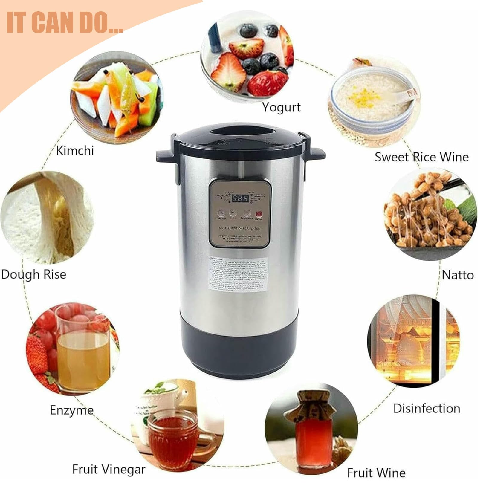 Máquina eléctrica de yogur, máquina de fermentación inteligente de acero inoxidable con control de tiempo y temperatura para yogur casero, kéfir, vino, 18 litros