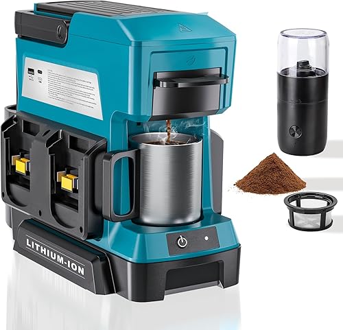 Taingwei Cafetera inalámbrica para batería Makita de 18 V, cafetera de goteo portátil con molinillo de café eléctrico para RV, camping, viajes,