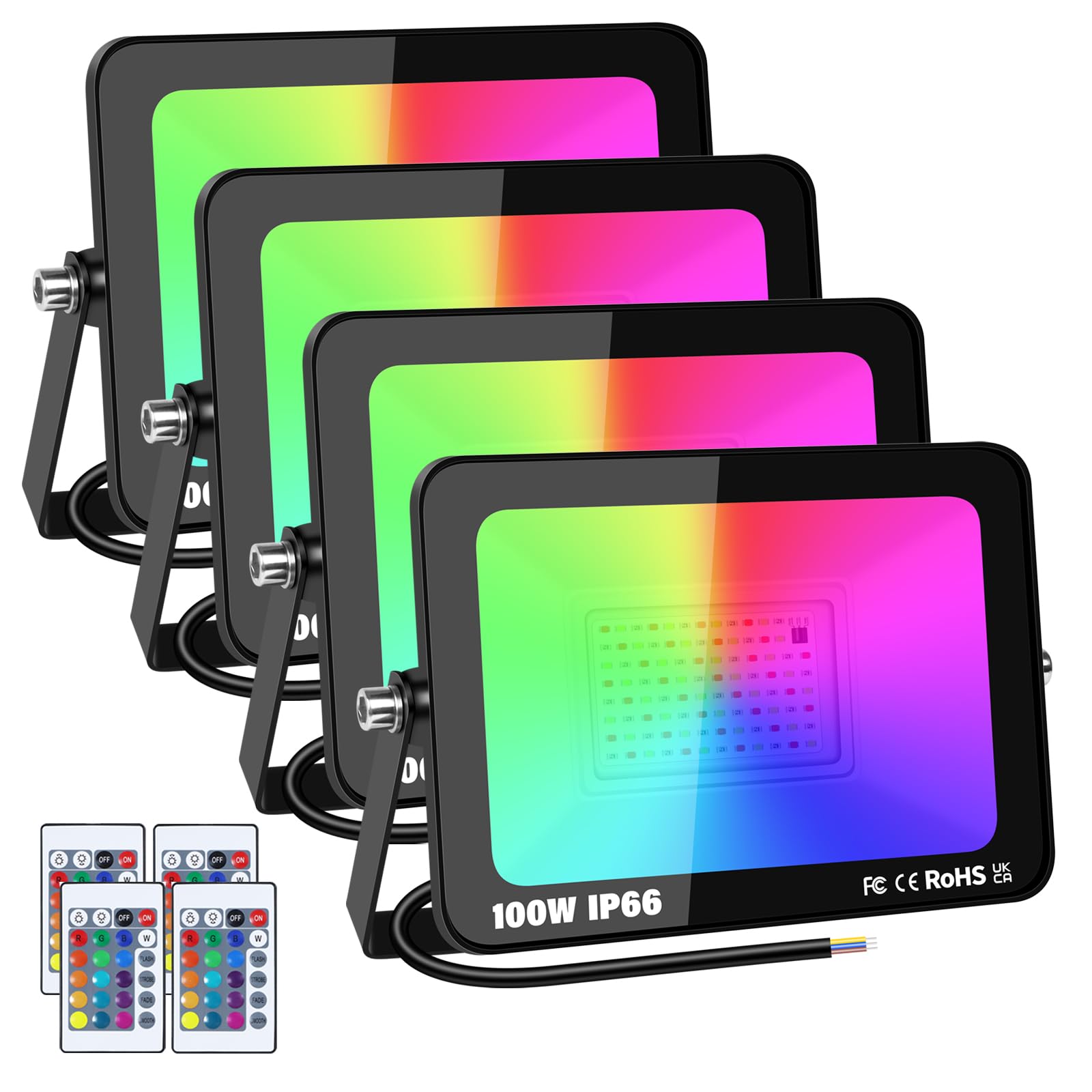 RIGIDON 4 Pack 100W LED Flood Light Outdoor, 16 Colour Changing IP66 Waterproof RGB Flood Lights with Remote Control for Garden, Yards, Stage, House Landscape Lighting
