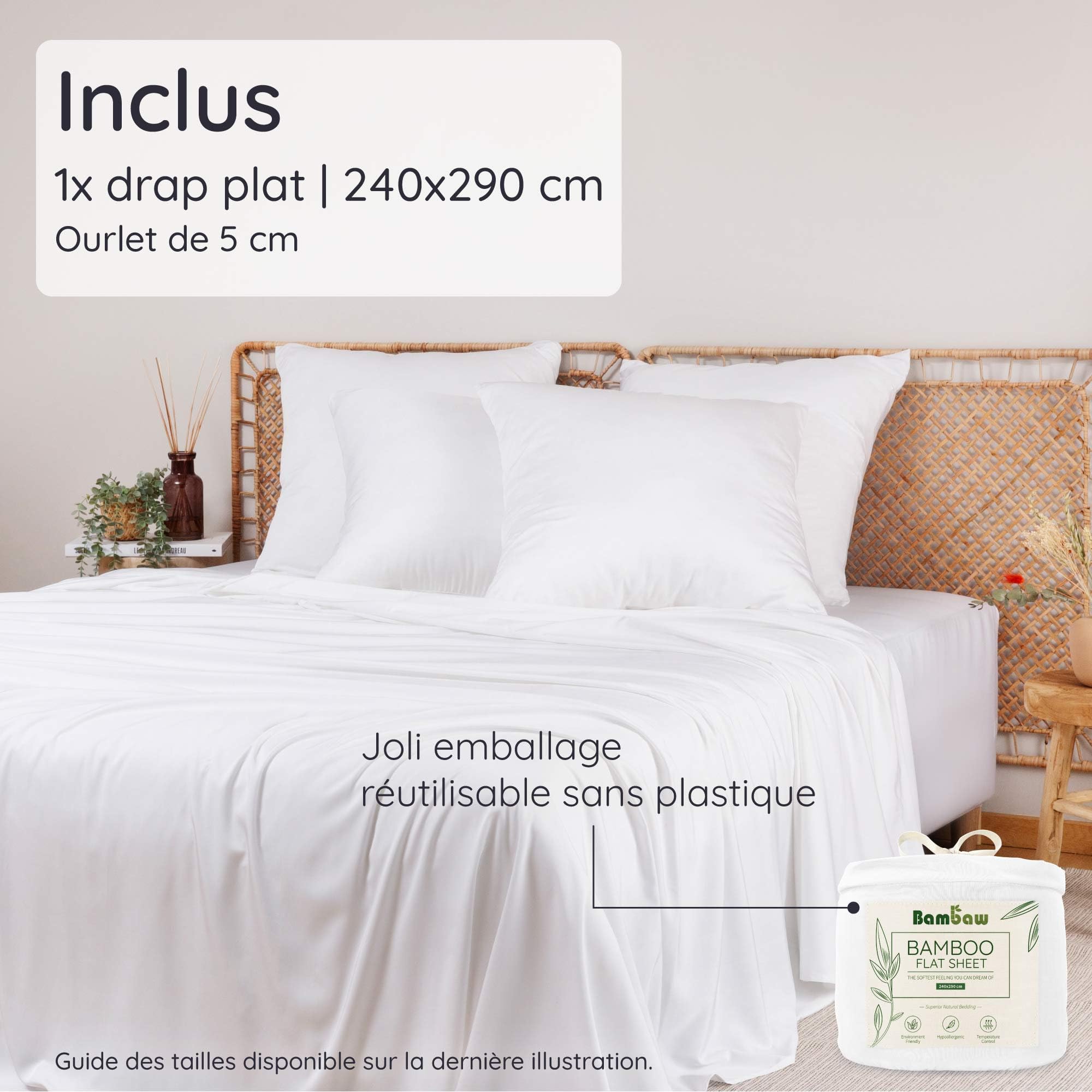 Bambaw Drap Plat en Bambou 240x290 cm, Drap Rafraîchissant pour l'Été, Doux et Anti Transpirant, Linge de Lit en Bambou Respirant et Antiacarien, pour 2 Personnes (Blanc)