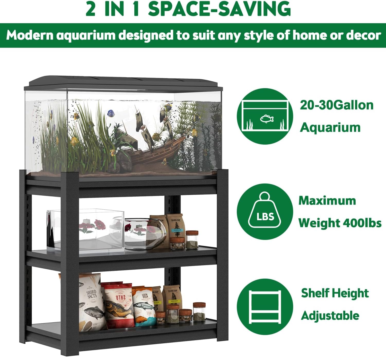 20-30 Gallon Fish Tank Stand - Metal Aquarium Stand, Adjustable 3-Tier Fish Tank Rack Shelf
