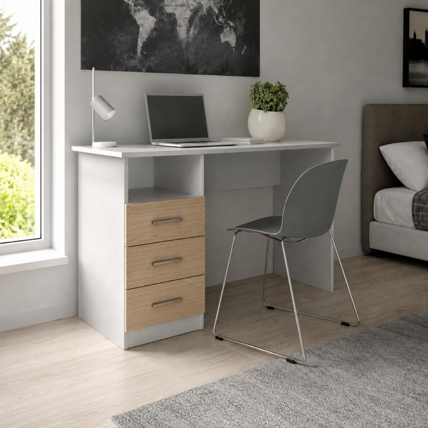 Scrivania Per PC Con Cassetti Laterali Mobile Salvaspazio Desk Da Studio Ufficio E Cameretta 120 X 72 X 48 Cm Bianco E Rovere