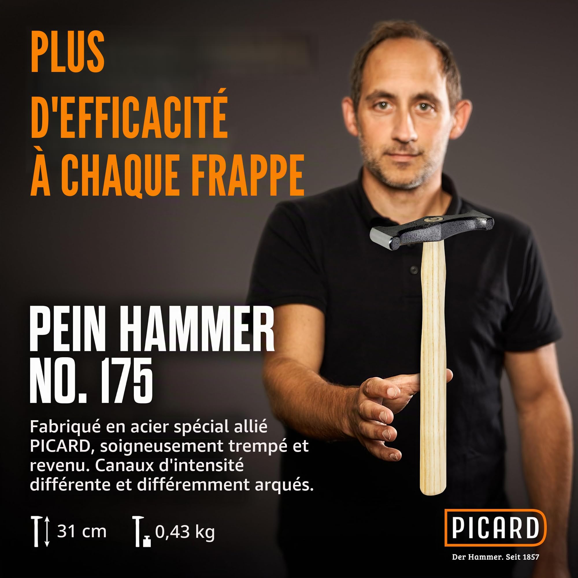 Marteau à tondre PICARD n° 175 ES 375 g | Qualité professionnelle pour couvreurs et ferblantiers | Robuste et précis | Manche ergonomique en frêne | Gris martelé | Acier spécial | Marteau charpentier