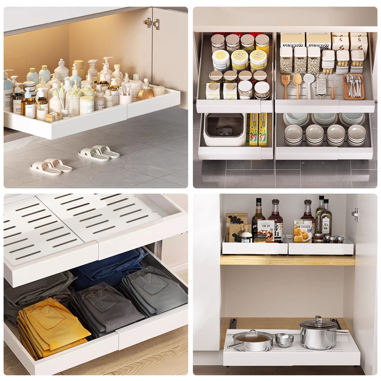 Tiroir coulissant, tiroir rétractable, tiroir coulissant cuisine,plateau coulissant placard cuisine,organisateur de cuisine, extensible de 32 à 52 cm, aucun perçage requis (blanc)