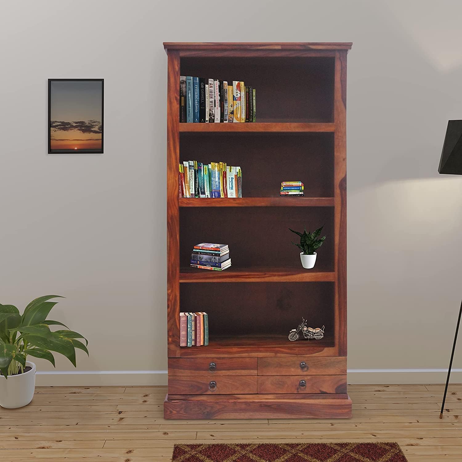 MODERN FURNITURE SHEESHAM Wooden Book Shelf for Home Library | Bookshelf for Home Library | Book Shelves Open Bookcase Books Rack | Display Unit Book Stand for Office (Natural Teak Finish)