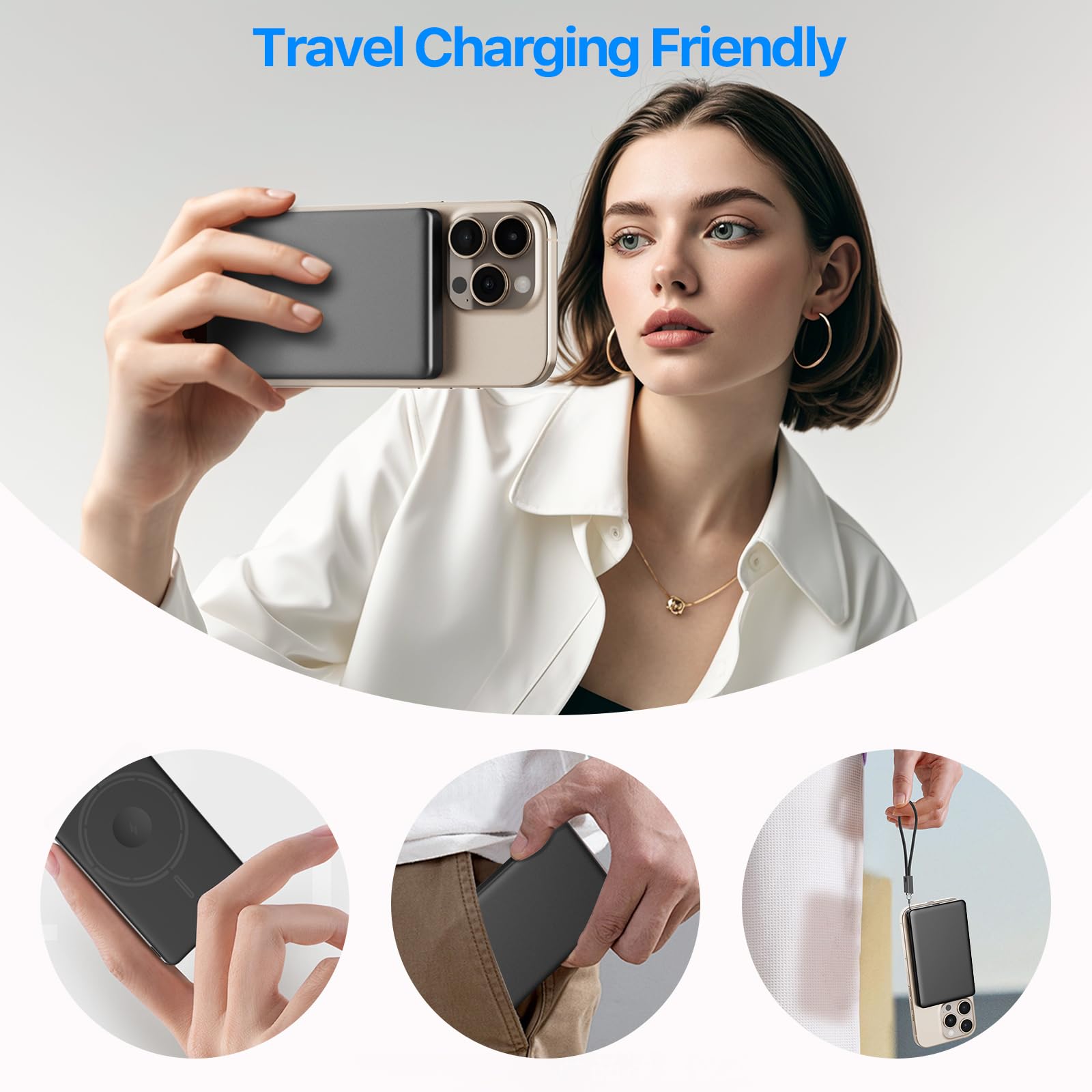 JUOVI Magnetico Wireless Power Bank, Ultra-Slim 5000mAh Piccolo Caricatore Portatile 20W PD Ricarica Rapida Mini Batteria Esterna con Cavo USB C per MagSafe i-Watch iphone 16 15 (Nero, 20W)