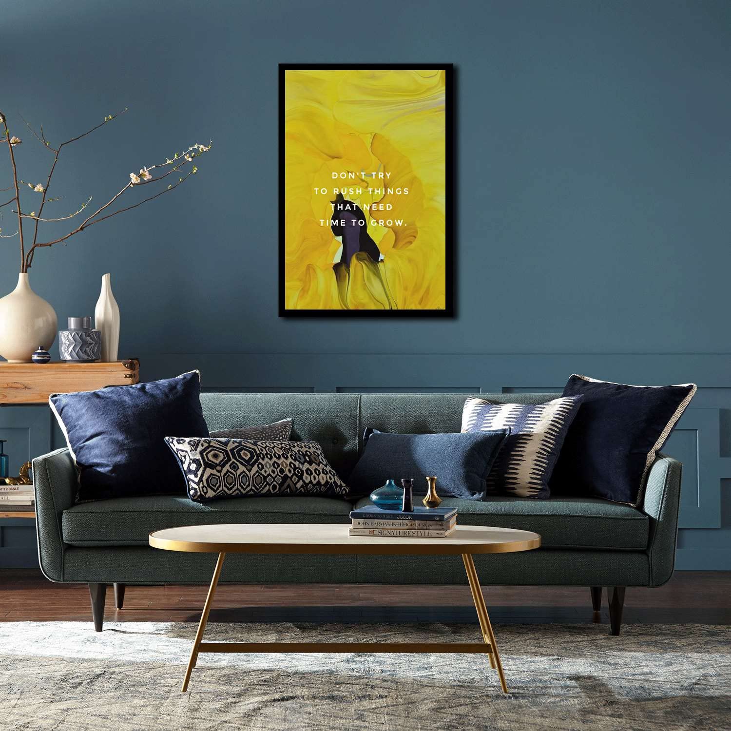 Póster con cita inspiradora para sala de estar con texto en inglés "Be patient Inspirational Don't try to rush things that need time to grow" para habitación estética, 20 x 30 cm, marco de metal negro