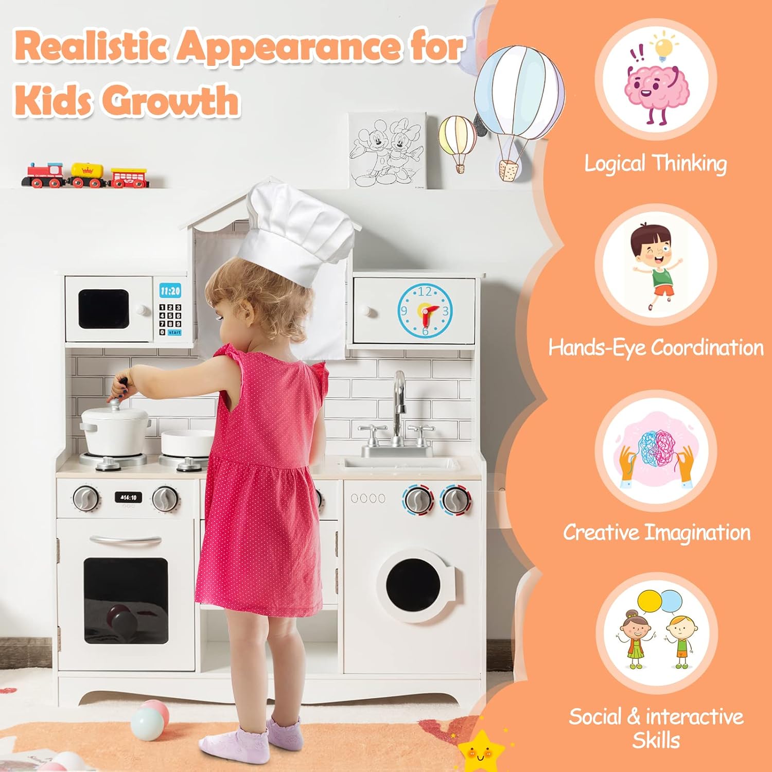 HONEY JOY Kids Kitchen Playset, 31 Inch Rooftop Wooden Play Kitchen for Toddlers, Microwave, Clock, Washing Machine, Cookware, Little Chef Pretend Play Toy Kitchen Set, Gift for Boys Girls, White