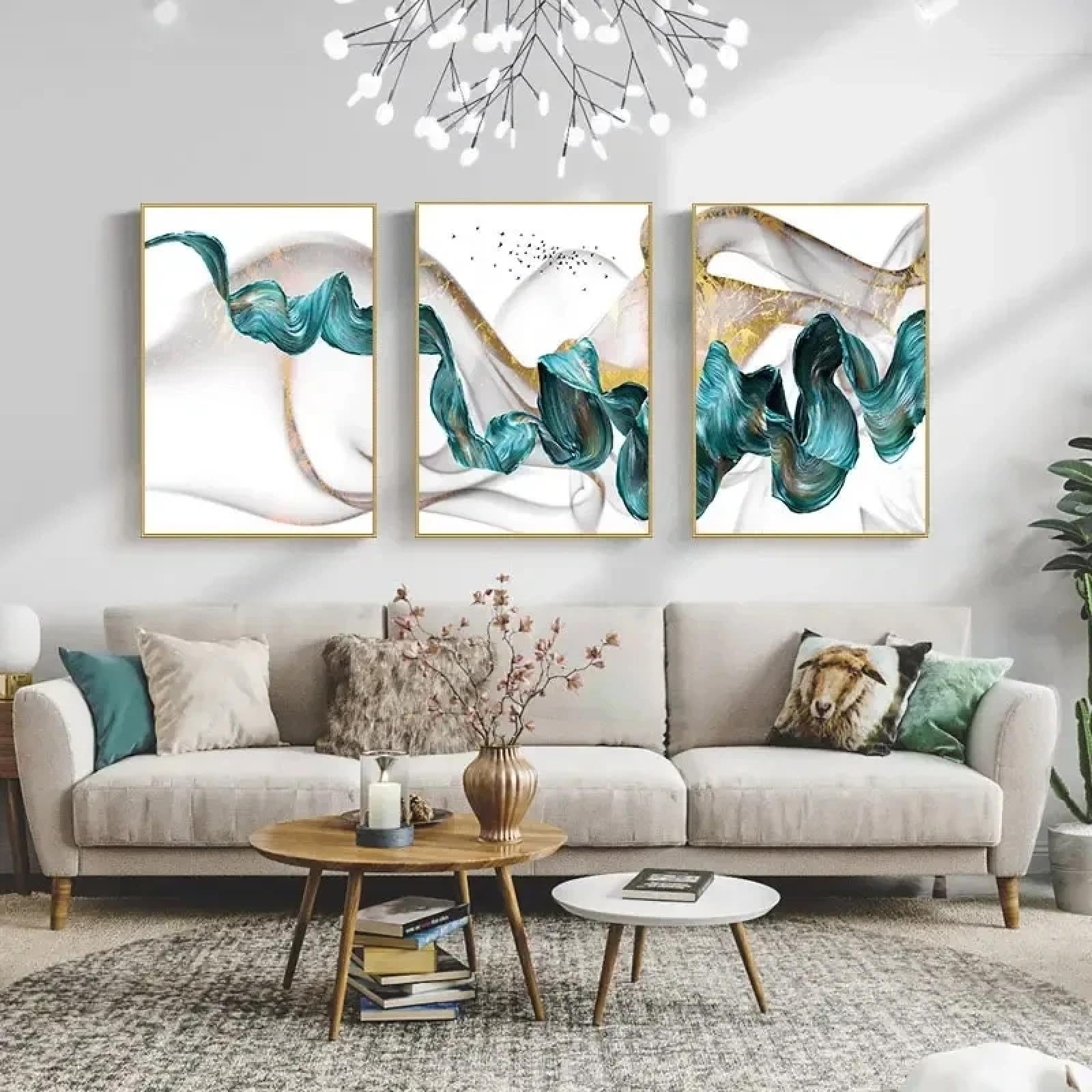 LSYALUCK Leinwandgemälde, abstrakt, blau, grün, Band, Poster, Druck, modisch, luxuriös, Wandkunst, Bild, nordisches Zuhause, Wohnzimmer, Dekoration, 40 x 50 cm (16 x 20 Zoll) x 3 Innenrahmen