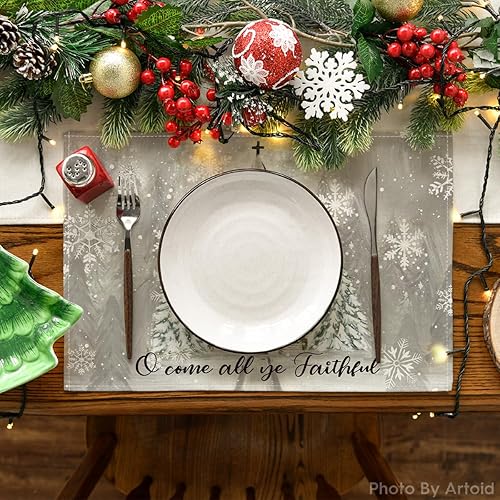 Miniatura 2 de Artoid Mode Juego de 4 manteles individuales con diseño de árboles de Navidad, copos de nieve, de 12 x 18 pulgadas, para decoración de fiestas,