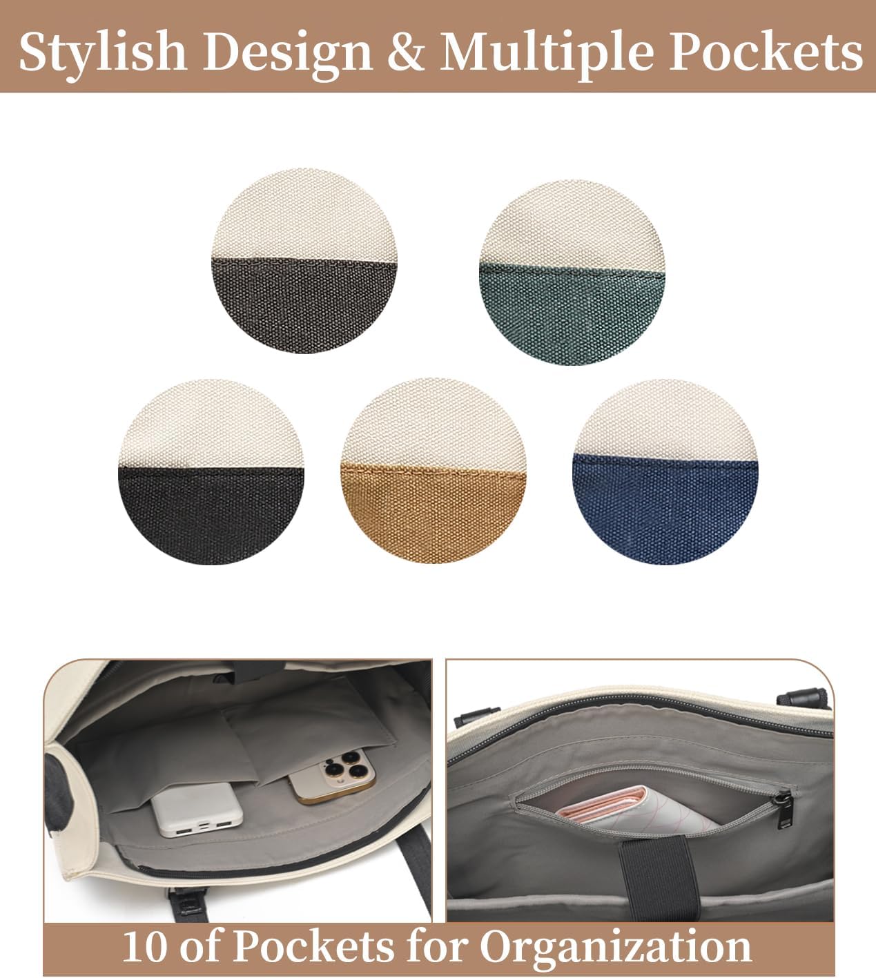 Barsine Women Laptop Tote Bag for Work Lightweight 15.6 Inch Canvas Two-Tone Satchel Handbag Purse - Image 5