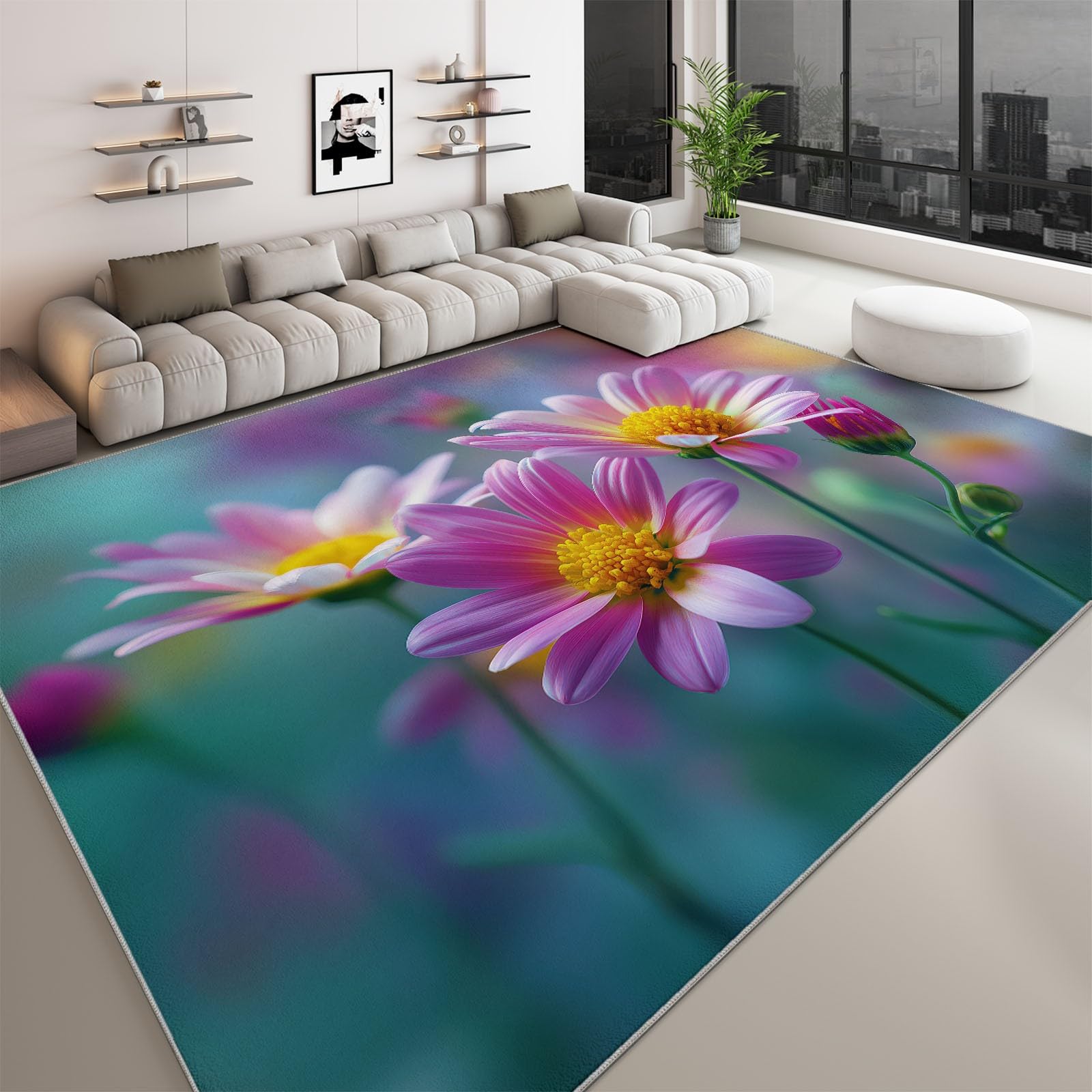 Tapis salon lavable en machine 160x230 rose marguerites pour chambre douce
