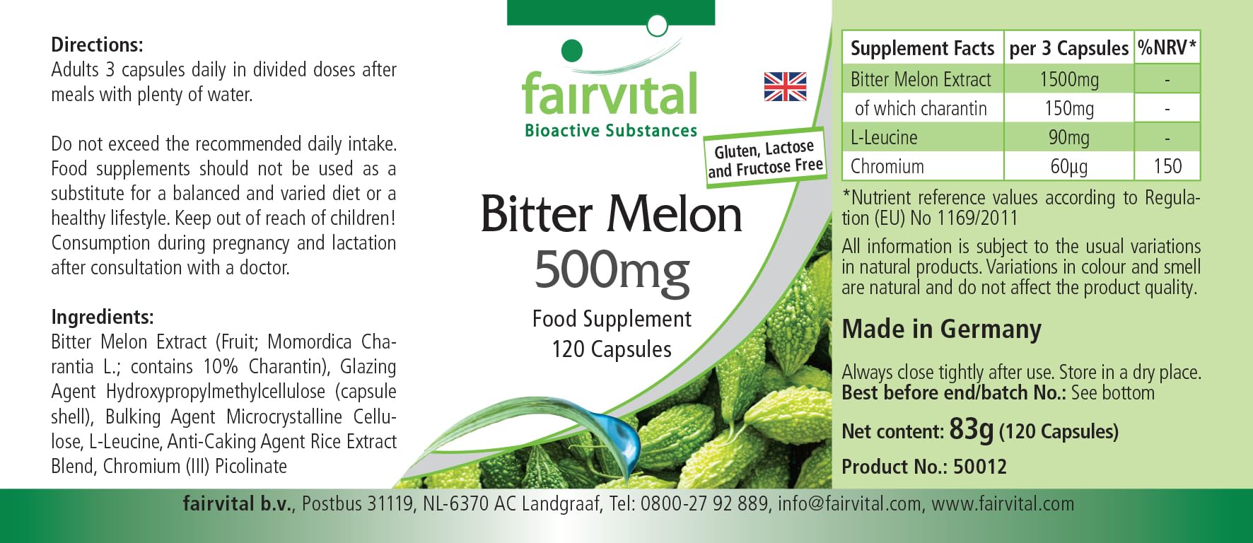 fairvital Melón amargo, 120 cápsulas, con 500mg de extracto de melón amargo y 20µg de cromo por cápsula, ALTA DOSIS, VEGANO, con un 10% de charantina