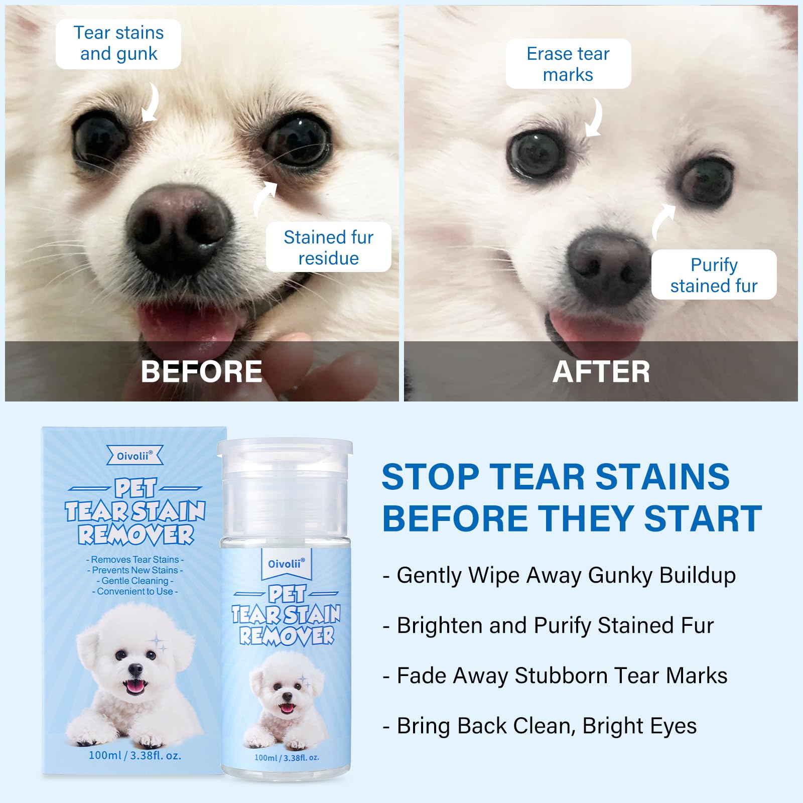 Oivolii Natural Tear Stain Remover Liquid for Dogs and Cats - Image 3