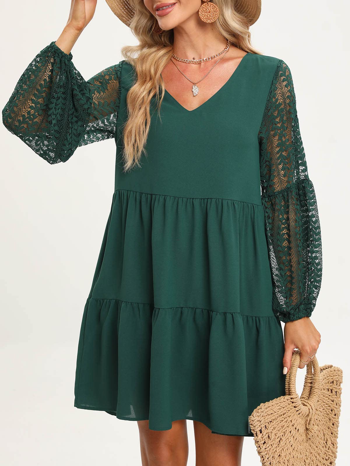 LATH.PIN Vestiti Donna Estivi Eleganti Maniche Lunghe Pizzo Vestito Donna con Tasca Scollo a V Sexy Vestito da Cerimonia Casual Abito da Spiaggia