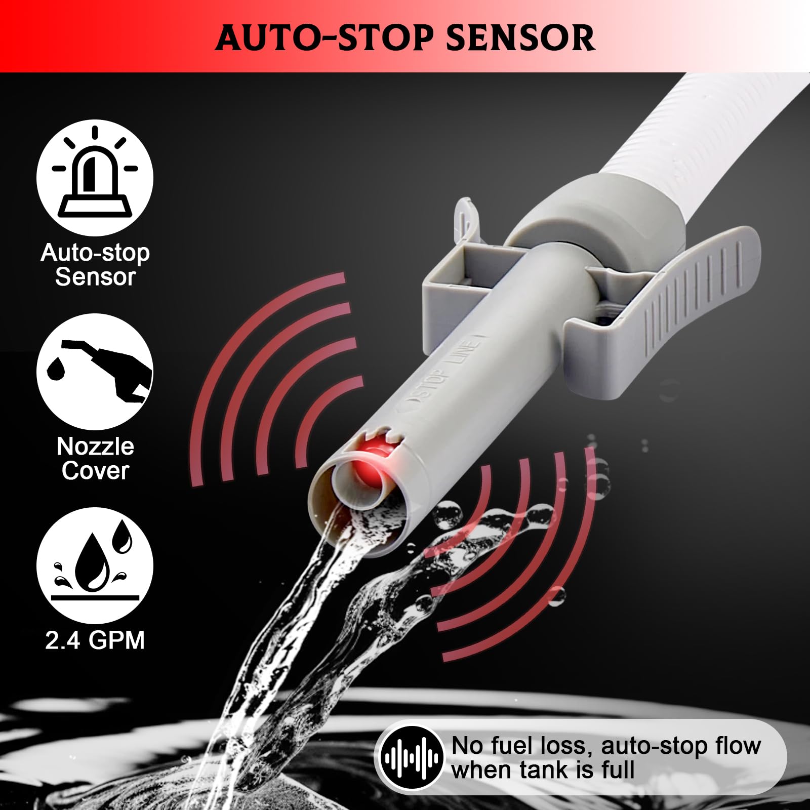 Pompa di Trasferimento del Carburante 12V con Sensore di Arresto Automatico(2,4GPM), Pompa Travaso a Batteria Gasolio Elettrica, Pompa Travaso Liquidi con 1,8M Tubo e Adattatore di 4 Dimensioni