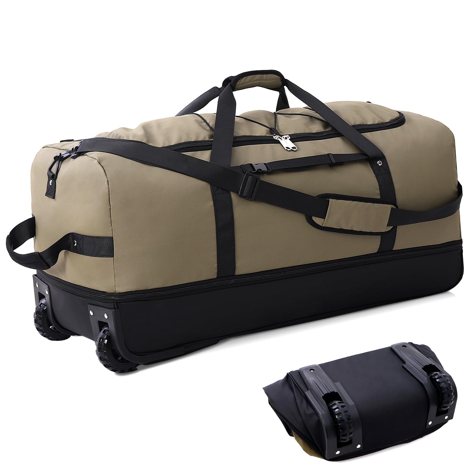 Bagenerous32” Foldable Duffel Bag with 2 Wheels,110L 140L Expandable Rolling Travel Bag with Multiple compartments, Arny Green