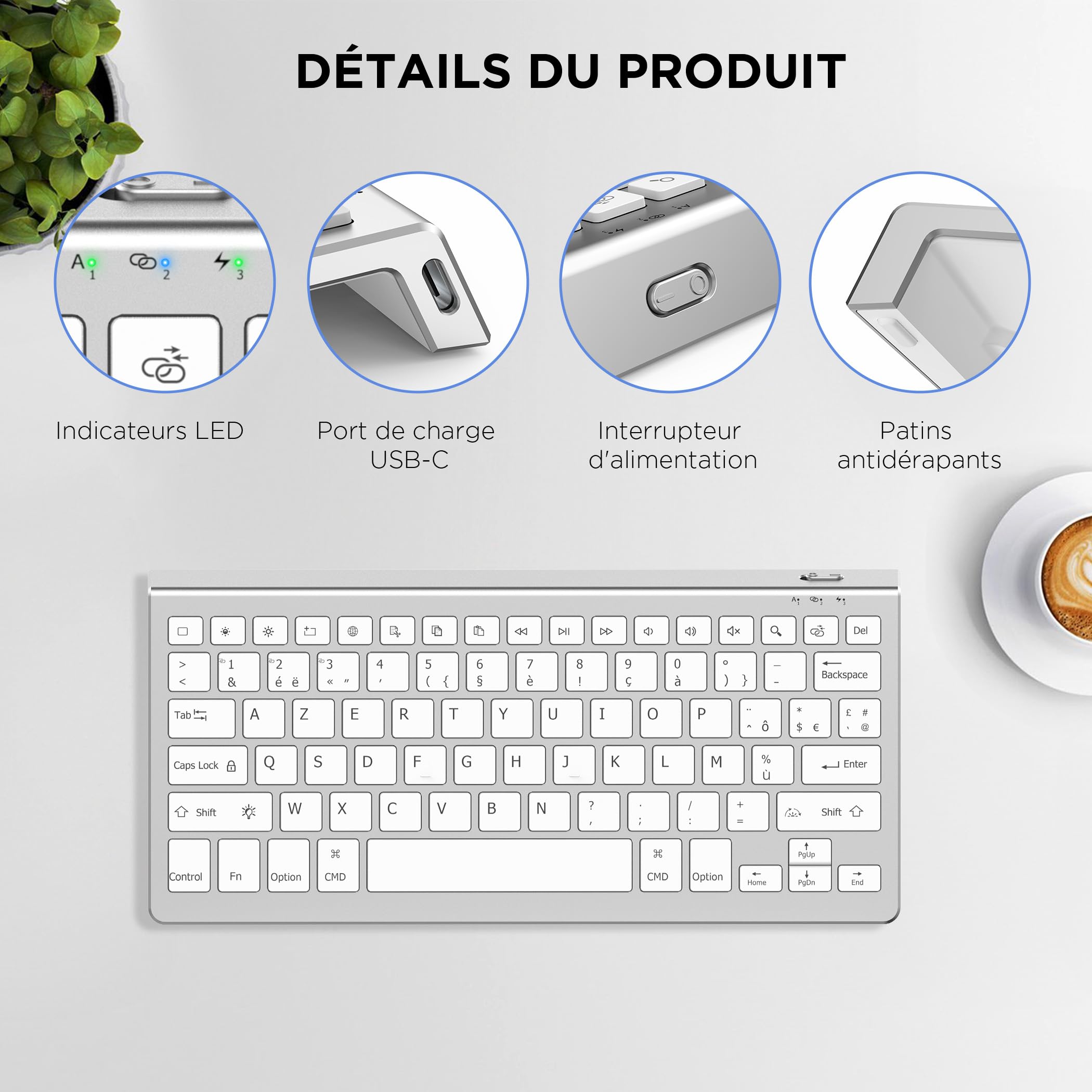 CACOE Clavier Bluetooth pour MacOS, iPadOS et iOS, Éclairage 7 Couleurs, Bluetooth 3 Canaux, pour iPad 10e Génération/iPad Air/Pro/Mac Mini, AZERTY Clavier Mac, Argent