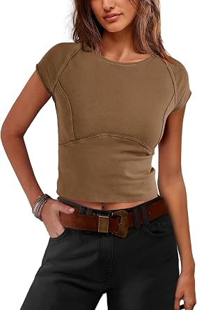 Yanekop Cropped T Shirts for Women Summer Cap Sleeve Tops Tight Fitted Shirts Crew Neck Short Sleeve Slim Fit Tee Cute