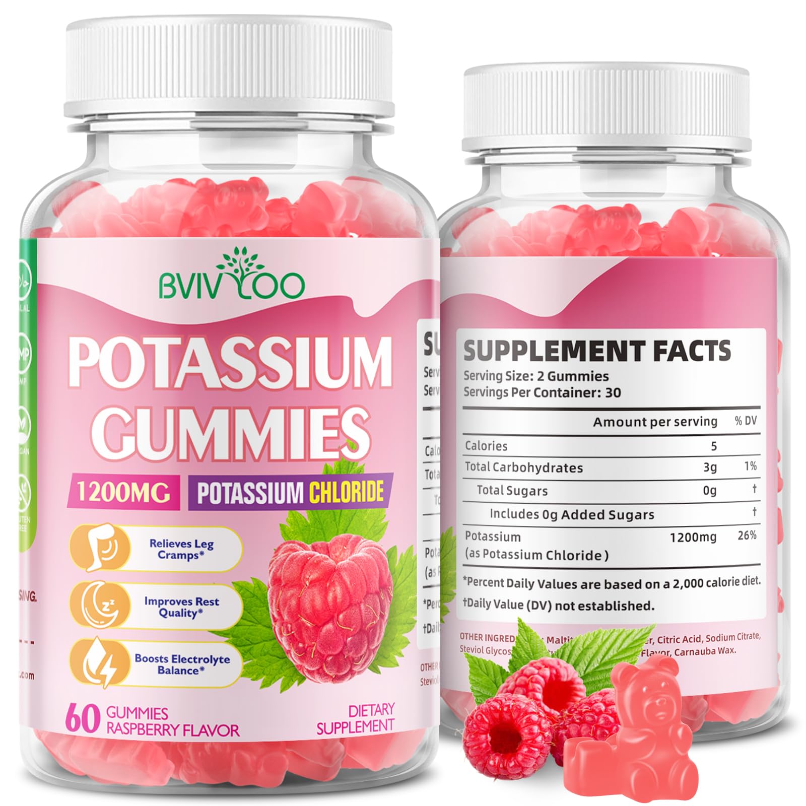Potassium Gummies for Adults with 1200mg Potassium Chloride - Supports Muscle Health & Leg Cramps, Raspberry Flavor, 60 Count Raspberry - 1 Pack