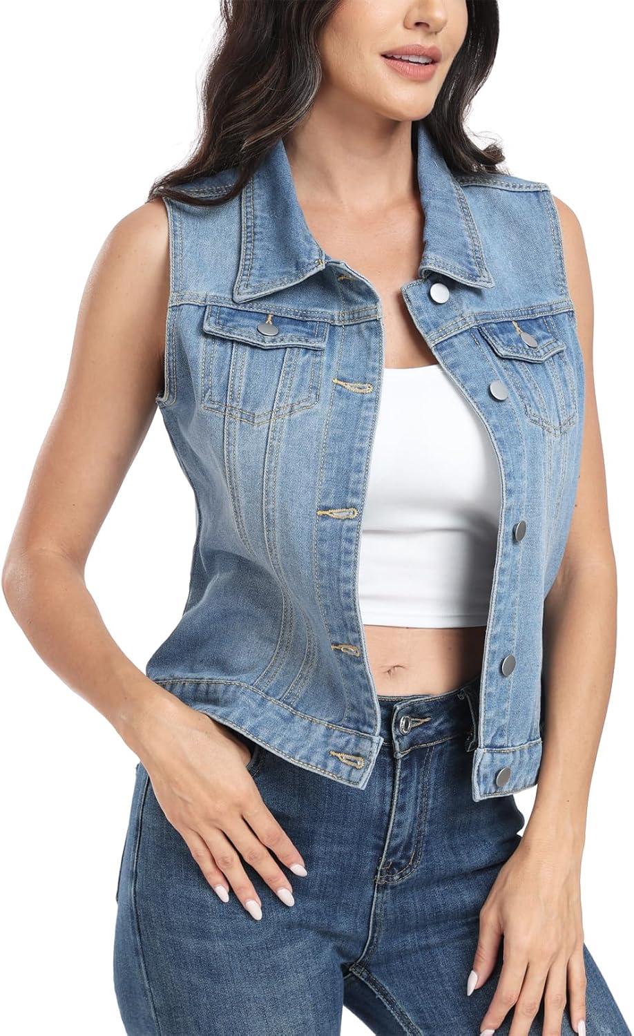 MISS MOLY Women's Denim Vest Cropped Classic Sleeveless Jean Vest Jackets With Flap Pockets - Image 3