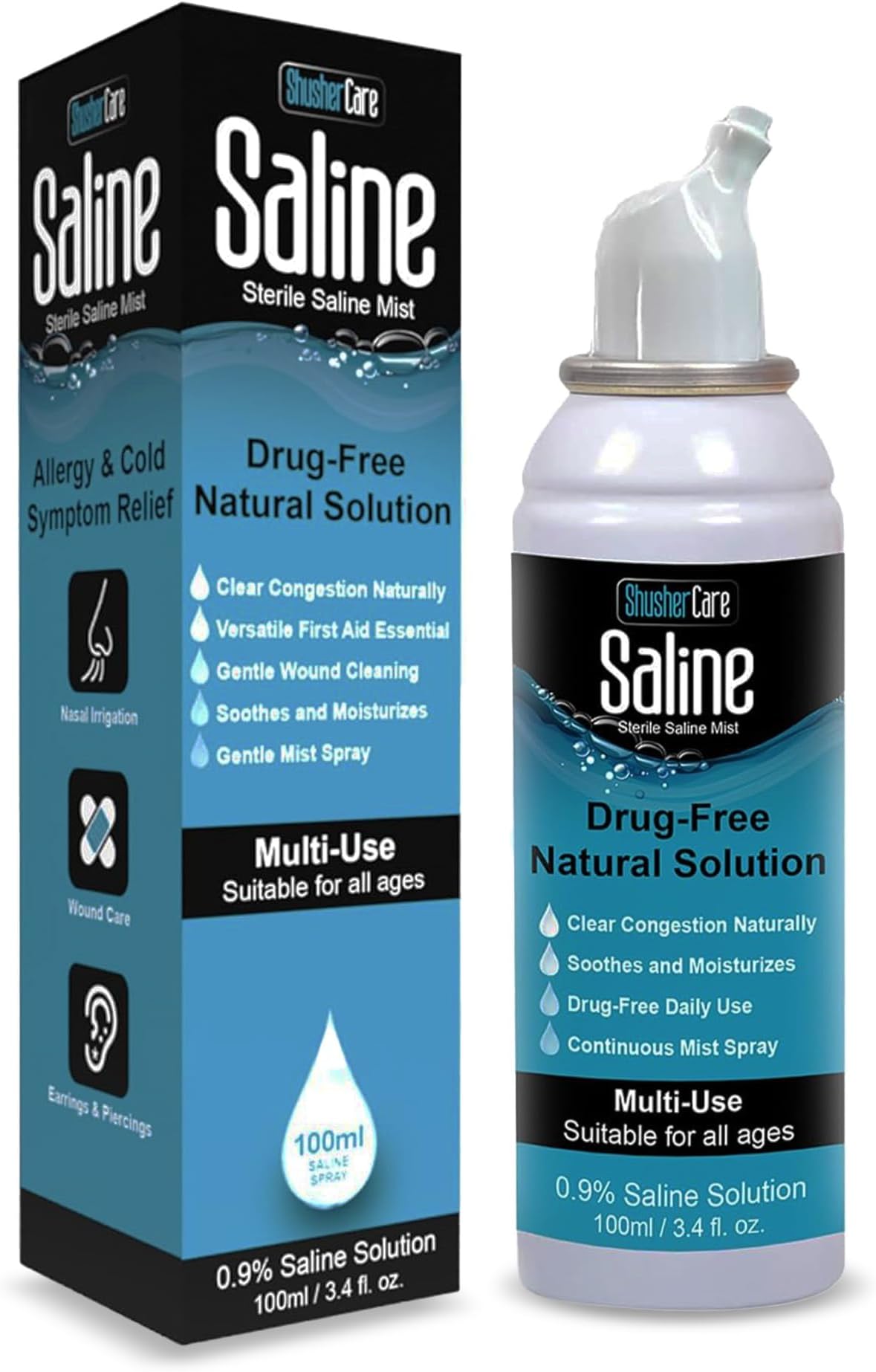 Saline Spray for Nose - Nasal Spray Saline Solution for Newborn, Baby & Adults, Salt Water Decongestant Mist for Stuffy Nose, Travel Friendly, Natural, 0.9% Saline - 100 ml (3.4 fl oz)