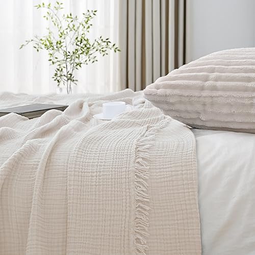 Miniatura 5 de Esterra Manta de muselina de algodón suave y ligera, prelavada para todas las estaciones, transpirable de 4 capas de gasa para sofá cama, avena, 66