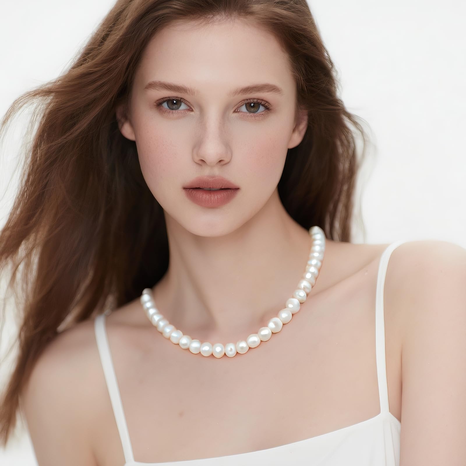 YAMI Perles de culture d'eau douce Blanches 11-12 mm pour femmes, collier de perles véritables 18inch (45cm) avec fermoir à pois, argent sterling 925, cadeau de bijoux pour femmes.