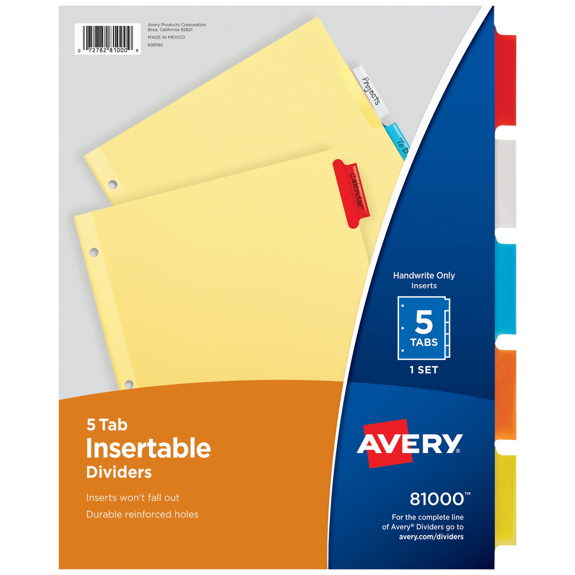 Avery Insertable Dividers for 3 Ring Binders, 5-Tab Set, Buff Paper, Multicolor Divider Tabs, 1 Set of Binder Dividers, Great for Organizing Projects,