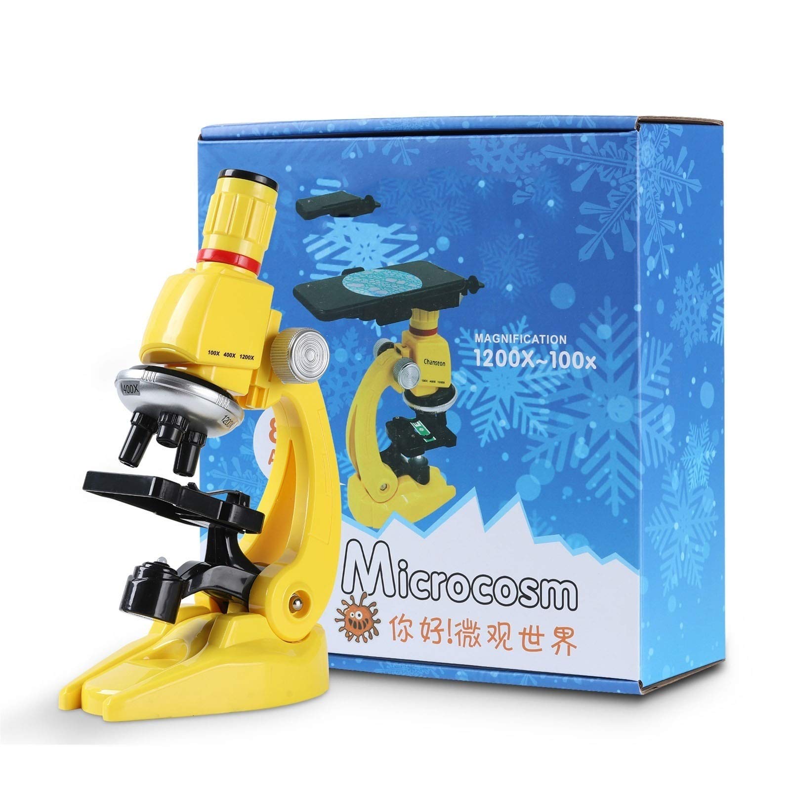Microscopio, Kit de microscopio, 100x-400x-1200x con Diapositivas, Caja Transporte, LED refinados Instrumentos científicos Juego Juguetes for niños Regalo cumpleaños