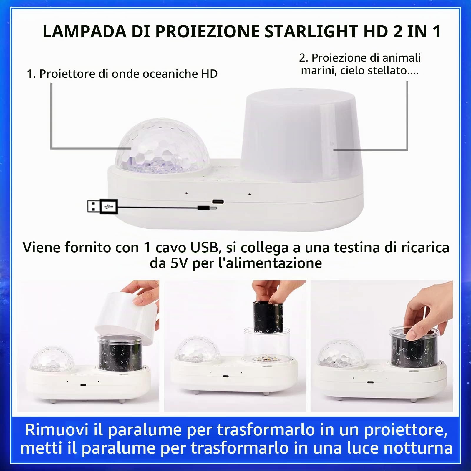 Proiettore di luce notturna oceanica, proiettore galassia per bambini per camera da letto, proiettore nebulosa con cavo USB, rotazione a 360 gradi, lampada notturna per bambini per decorare