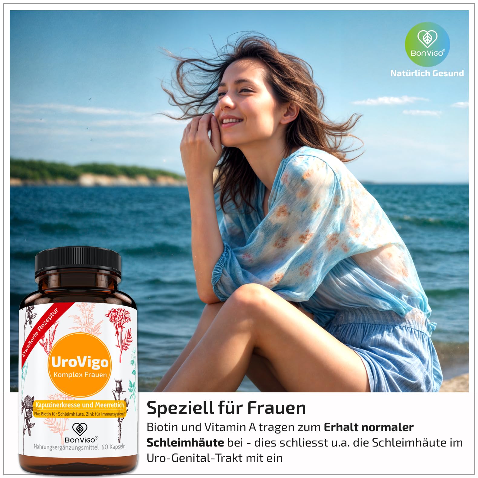 UroVigo FÜR DIE FRAU - Biotin & Vitamin A unterstützen Schleimhäute, Zink das Immunsystem - 8 Pflanzen-Komplex mit Kapuzinerkresse Meerrettich Cranberry Liebstöckel - Mit L-Methionin - 60 Kapseln