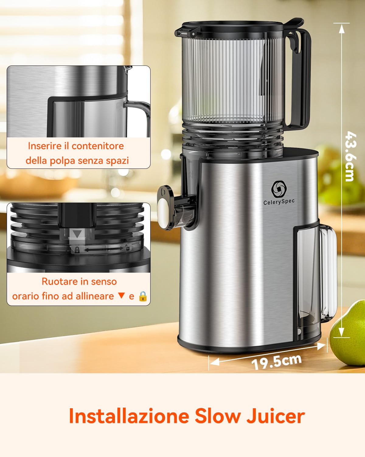 Estrattore di Succo a Freddo, Estrattore di Frutta e Verdura con Calibro 130mm, 1,8L, 250W, BPA-Free, Estrattore Verticale con Funzione Inversa, Facile Pulizia, Acciaio Inox