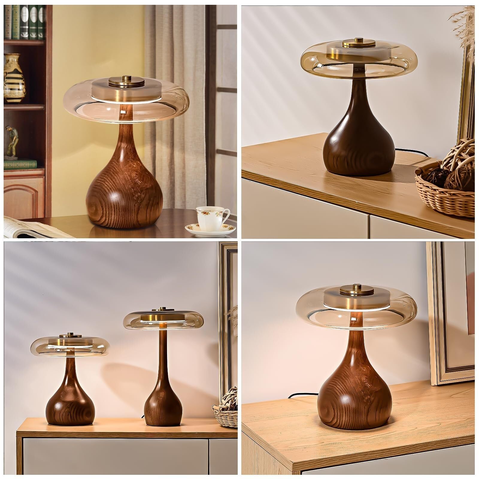 Lamp Lampada da Tavolo a Forma di Fungo in Legno Senza Fili, Stile Giapponese, Camera Letto, Soggiorno, Lampada Vintage, Creativa a in, Studio, in Vetro, luci Comodino (Stile A) Lampada