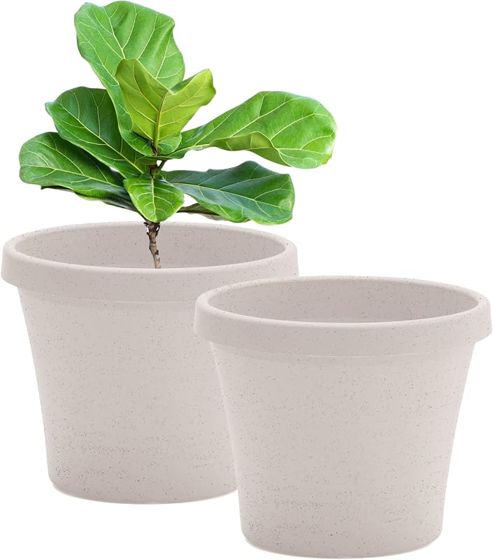 Bloem Terra 24" Plastic Planter, 16 Gallon, Vanilla Bean, 2-Pack | Extra large and durable fade-resistant plant pots with pre-drilled drainage holes for optimal plant hydration.