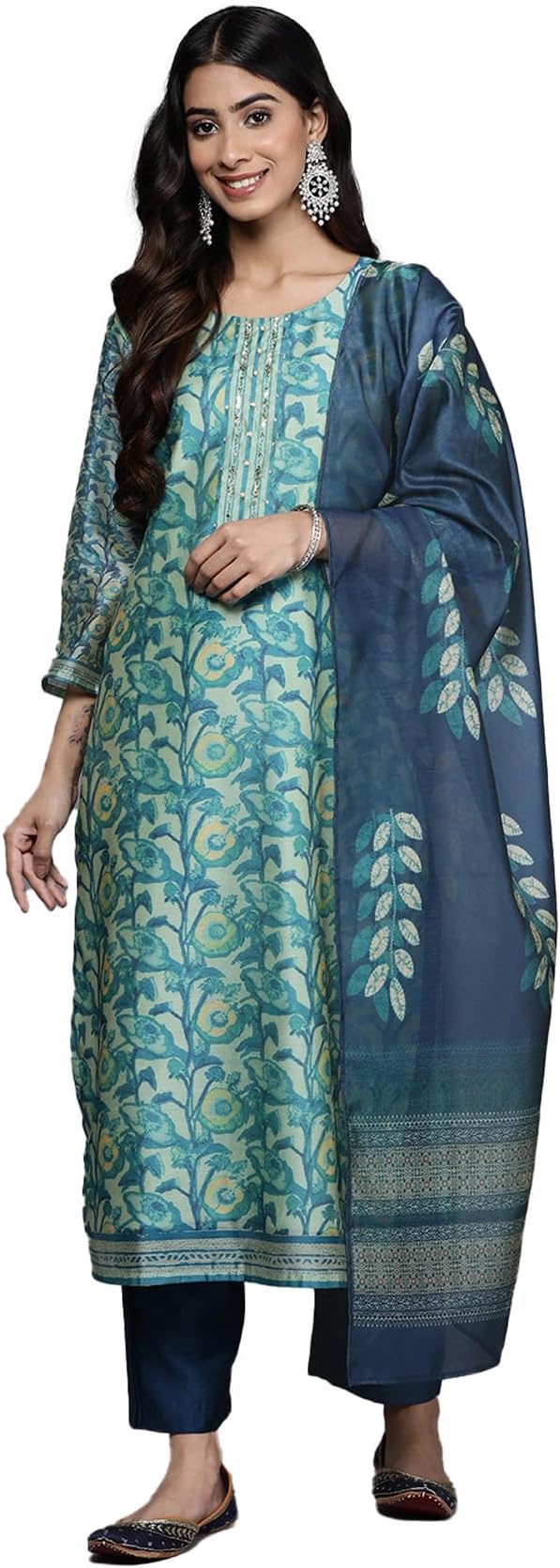Varanga Women Sea Green Floral Printed Kurta Set with Bottom and Printed Dupa...