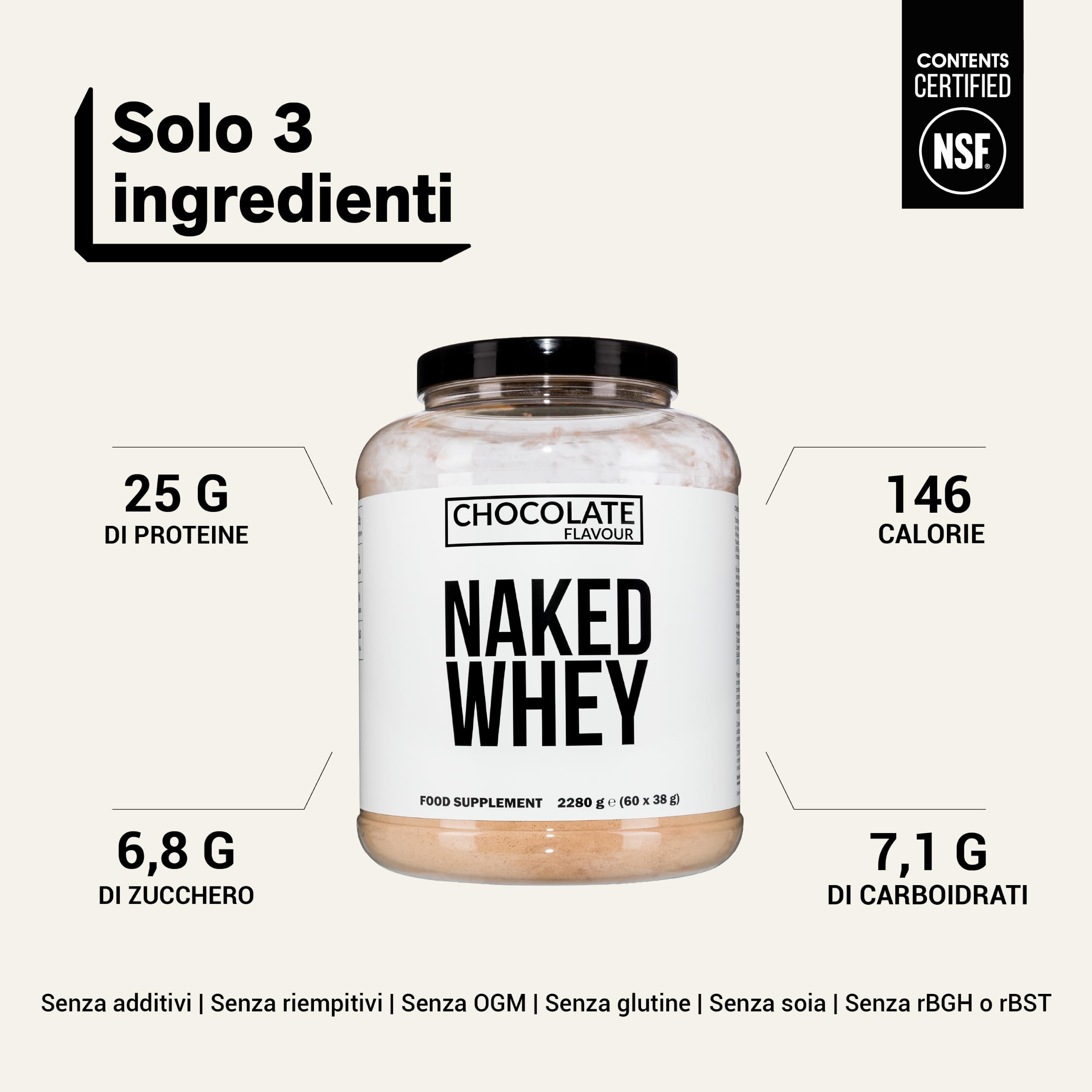 Naked Cioccolato Whey Protein, Proteine in Polvere, Solo 3 Ingredienti, Grass Fed, Senza Glutine, Senza Soia, Senza OGM, 25g di Proteine e 6g di BCAAs per Misurino, 60 Porzioni, 2280g